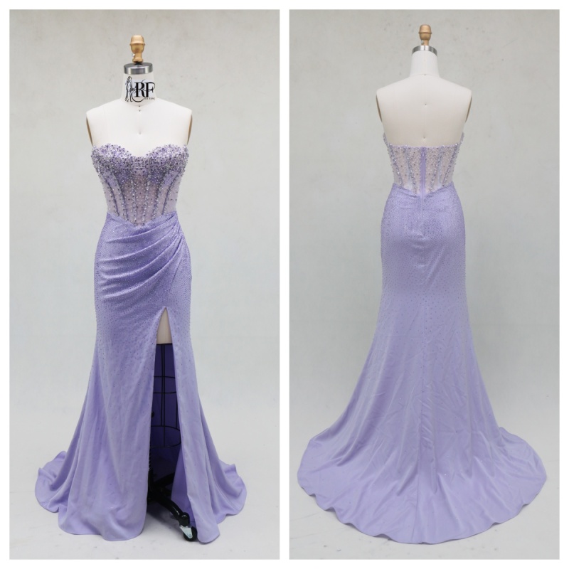 Elegant A-Line Lilac Color Beautiful Floor Length Dressed Evening Dress with Beading and High Split