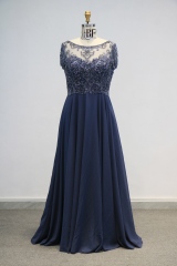 Navy Machine Beading Party Mother of the Bride Ball Gown Floor-Length Dress with Chiffon Skirt Embroidery Built-in Bra