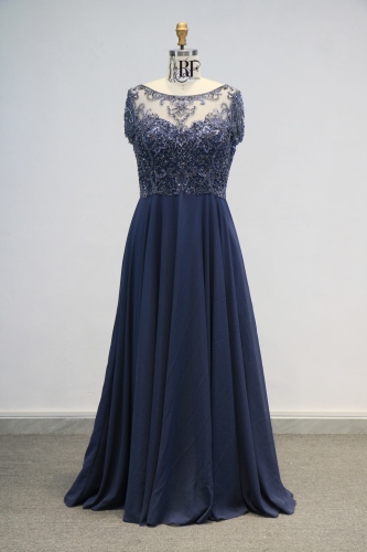 Navy Machine Beading Party Mother of the Bride Ball Gown Floor-Length Dress with Chiffon Skirt Embroidery Built-in Bra