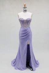Elegant A-Line Lilac Color Beautiful Floor Length Dressed Evening Dress with Beading and High Split