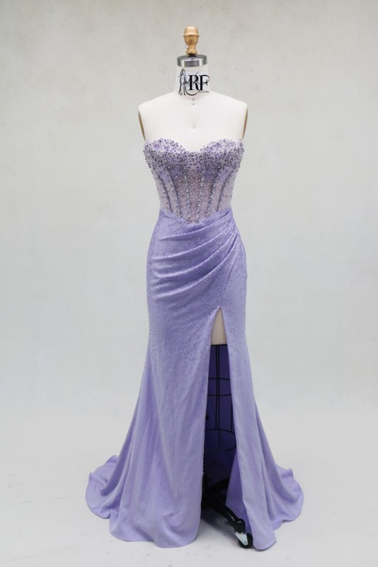 Elegant A-Line Lilac Color Beautiful Floor Length Dressed Evening Dress with Beading and High Split