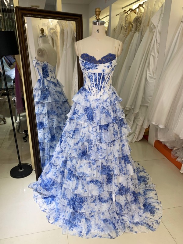 Blue Flower Print Sweetheart Embroidery a Line Corset Princess Prom Dresses