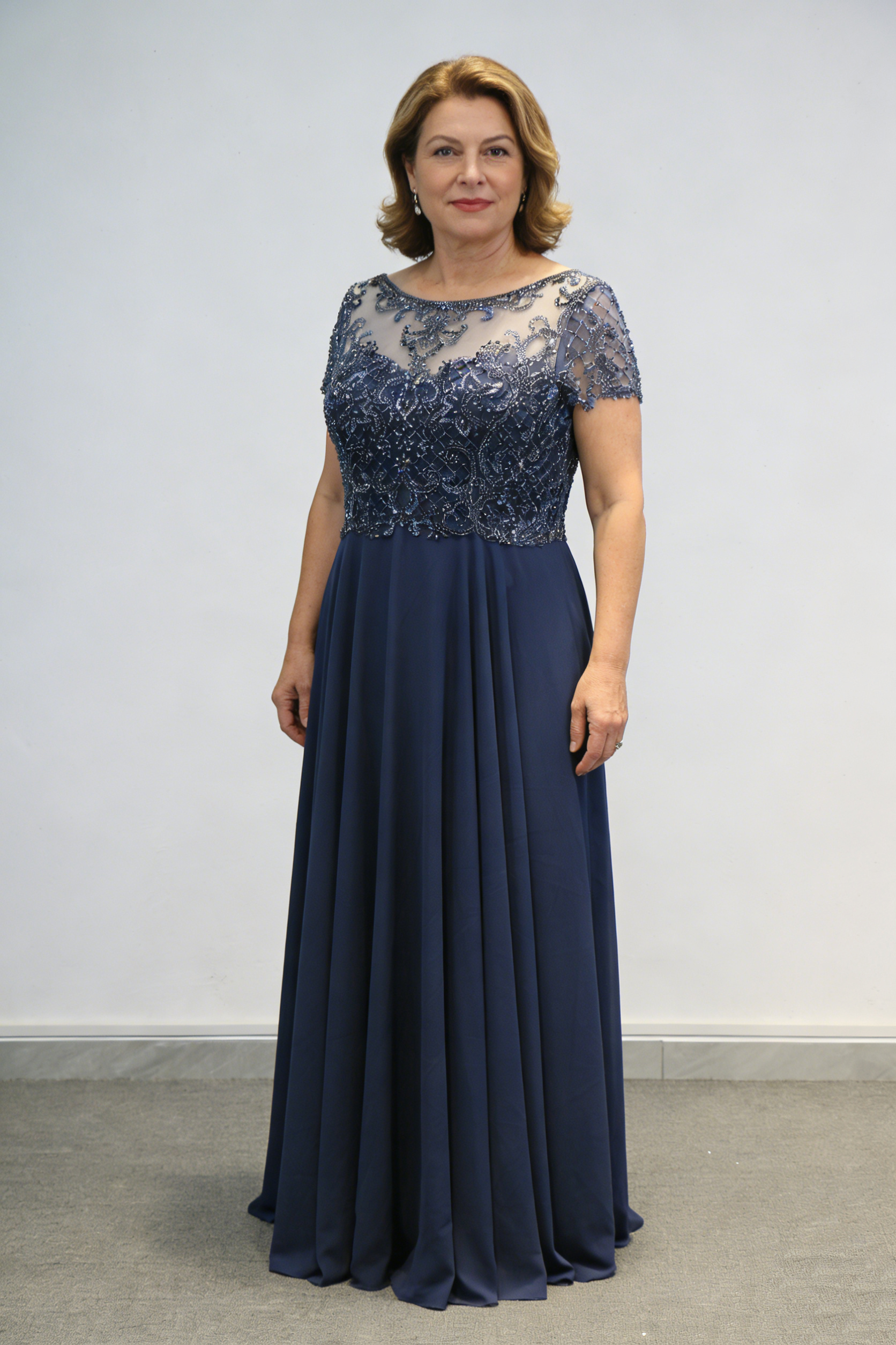 Navy Machine Beading Party Mother of the Bride Ball Gown Floor-Length Dress with Chiffon Skirt Embroidery Built-in Bra