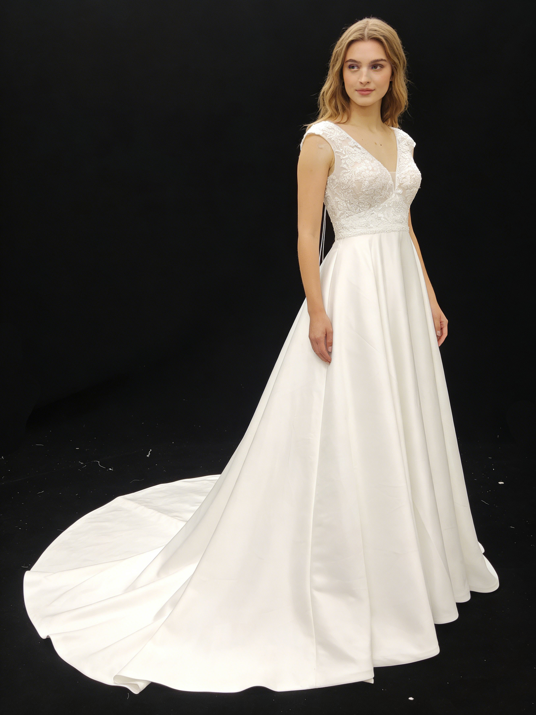 Hot Selling Elegant A-Line Wedding Dress V Neckline Lace with Embroidery Long Party Gowns with Natural Waistline