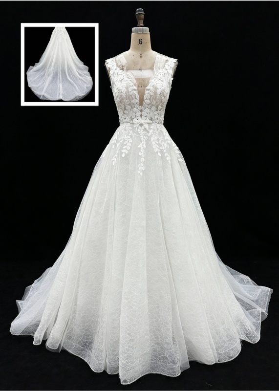 2026 New Custom Classic Elegant V-neck Backless Floor-Length A-line Bridal Wedding Dress Embroidery for Simple Civil Wedding