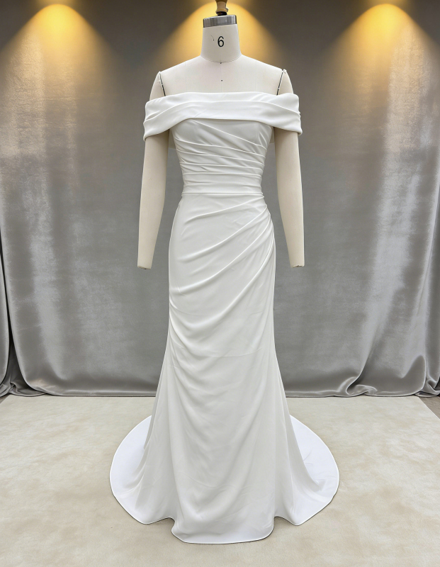 Neckline Bride Dress Elegant Mermaid Simple Design Off-the-shoulder Bride Wedding Dress Long Party Gowns with Natural Waistline
