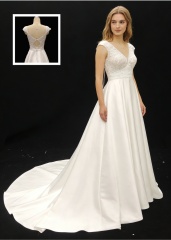 Hot Selling Elegant A-Line Wedding Dress V Neckline Lace with Embroidery Long Party Gowns with Natural Waistline
