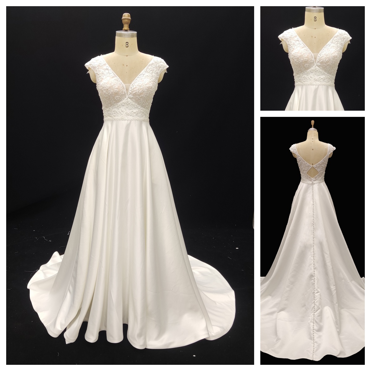 Hot Selling Elegant A-Line Wedding Dress V Neckline Lace with Embroidery Long Party Gowns with Natural Waistline