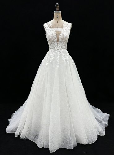 2026 New Custom Classic Elegant V-neck Backless Floor-Length A-line Bridal Wedding Dress Embroidery for Simple Civil Wedding