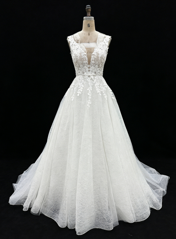 2026 New Custom Classic Elegant V-neck Backless Floor-Length A-line Bridal Wedding Dress Embroidery for Simple Civil Wedding