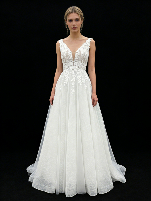 2026 New Custom Classic Elegant V-neck Backless Floor-Length A-line Bridal Wedding Dress Embroidery for Simple Civil Wedding