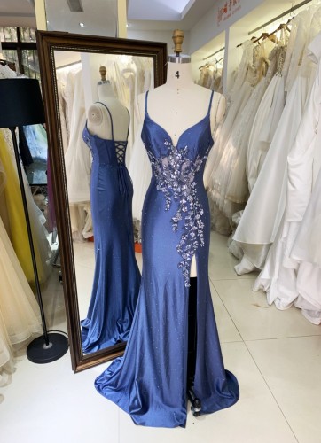 Elegant Lace Back Pleated Satin Slit with Embroidery Flowers Bodice Fitted Party A-Line Floor-Length Evening Dresses