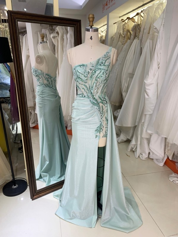 Elegant A-Line One-should with Special Design Beautiful Floor Length Dressed Evening Dress with High Slit