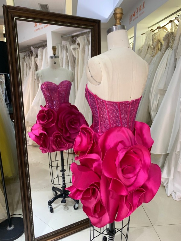 Fashion Floral Flower Prom Dress with 3D Flowers Short Evening Dresses Hot Pink with Crystal Off the Shoulder Sweetheart