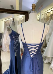 Elegant Lace Back Pleated Satin Slit with Embroidery Flowers Bodice Fitted Party A-Line Floor-Length Evening Dresses