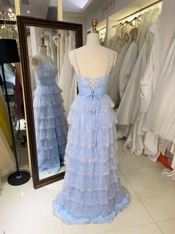 New Fashionable Sky Blue Ball Gown Prom Dress Ruffle Princess Skirt with V Neck Evening Dresses Sleeveless for Party