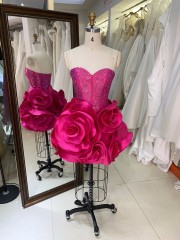 Fashion Floral Flower Prom Dress with 3D Flowers Short Evening Dresses Hot Pink with Crystal Off the Shoulder Sweetheart