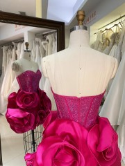 Fashion Floral Flower Prom Dress with 3D Flowers Short Evening Dresses Hot Pink with Crystal Off the Shoulder Sweetheart