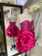 Fashion Floral Flower Prom Dress with 3D Flowers Short Evening Dresses Hot Pink with Crystal Off the Shoulder Sweetheart
