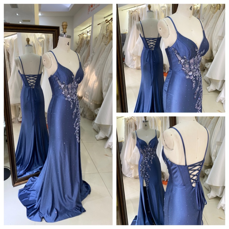 Elegant Lace Back Pleated Satin Slit with Embroidery Flowers Bodice Fitted Party A-Line Floor-Length Evening Dresses