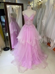 2026 High Quality pink Color Ruffle Embroidery Lace up Back Princess Prom Dresses With Beading Evening Dresses