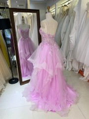 2026 High Quality pink Color Ruffle Embroidery Lace up Back Princess Prom Dresses With Beading Evening Dresses