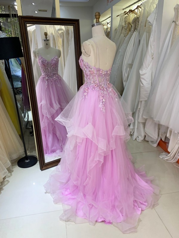 2026 High Quality pink Color Ruffle Embroidery Lace up Back Princess Prom Dresses With Beading Evening Dresses