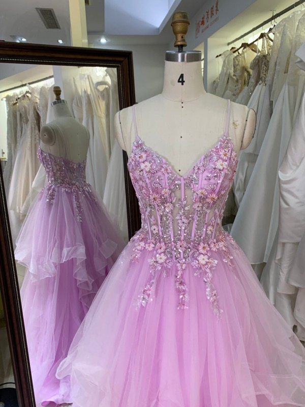 2026 High Quality pink Color Ruffle Embroidery Lace up Back Princess Prom Dresses With Beading Evening Dresses