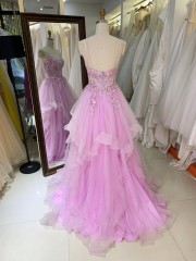 2026 High Quality pink Color Ruffle Embroidery Lace up Back Princess Prom Dresses With Beading Evening Dresses