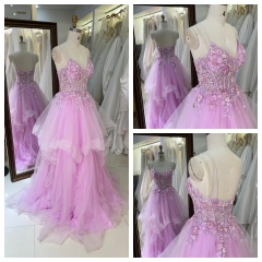 2026 High Quality pink Color Ruffle Embroidery Lace up Back Princess Prom Dresses With Beading Evening Dresses