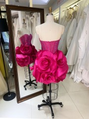 Fashion Floral Flower Prom Dress with 3D Flowers Short Evening Dresses Hot Pink with Crystal Off the Shoulder Sweetheart