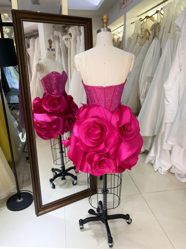 Fashion Floral Flower Prom Dress with 3D Flowers Short Evening Dresses Hot Pink with Crystal Off the Shoulder Sweetheart