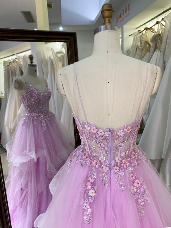 2026 High Quality pink Color Ruffle Embroidery Lace up Back Princess Prom Dresses With Beading Evening Dresses
