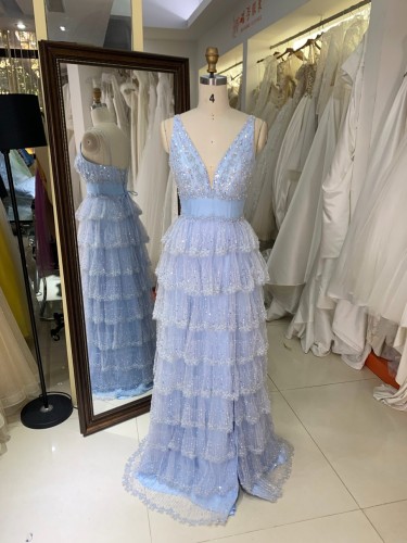 New Fashionable Sky Blue Ball Gown Prom Dress Ruffle Princess Skirt with V Neck Evening Dresses Sleeveless for Party