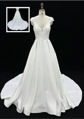 Wholesale White Satin A-Line Zipper-Up Back Bridal Dress with Natural Waistline Embroidery Party Style for Wedding