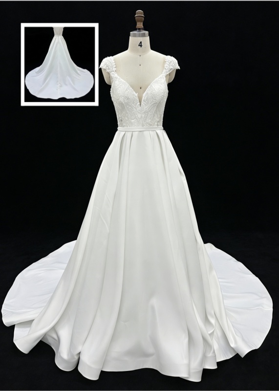 Wholesale White Satin A-Line Zipper-Up Back Bridal Dress with Natural Waistline Embroidery Party Style for Wedding