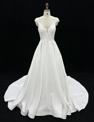 Wholesale White Satin A-Line Zipper-Up Back Bridal Dress with Natural Waistline Embroidery Party Style for Wedding