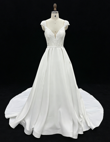 Wholesale White Satin A-Line Zipper-Up Back Bridal Dress with Natural Waistline Embroidery Party Style for Wedding