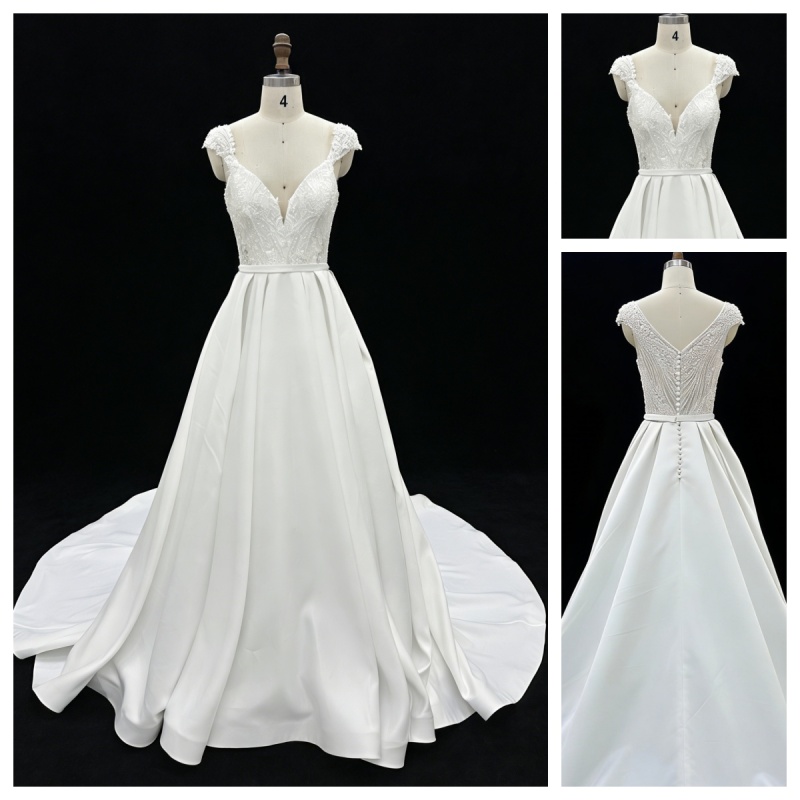 Wholesale White Satin A-Line Zipper-Up Back Bridal Dress with Natural Waistline Embroidery Party Style for Wedding
