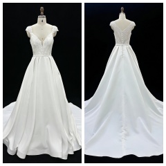 Wholesale White Satin A-Line Zipper-Up Back Bridal Dress with Natural Waistline Embroidery Party Style for Wedding