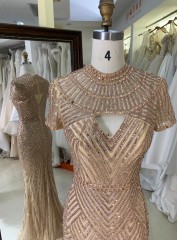 Luxury Gold Mermaid Evening Dress for Bride Elegant Cap Sleeves Beaded Formal Party Gowns with Sleeves