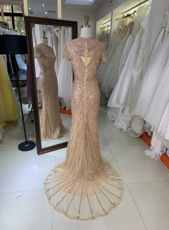 Luxury Gold Mermaid Evening Dress for Bride Elegant Cap Sleeves Beaded Formal Party Gowns with Sleeves