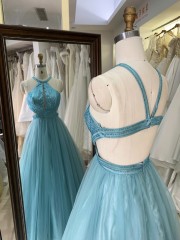 Fashionable Sleeveless A-line Sexy Lace-up Tulle Floor-Length Prom Dress Floor-Length Gowns