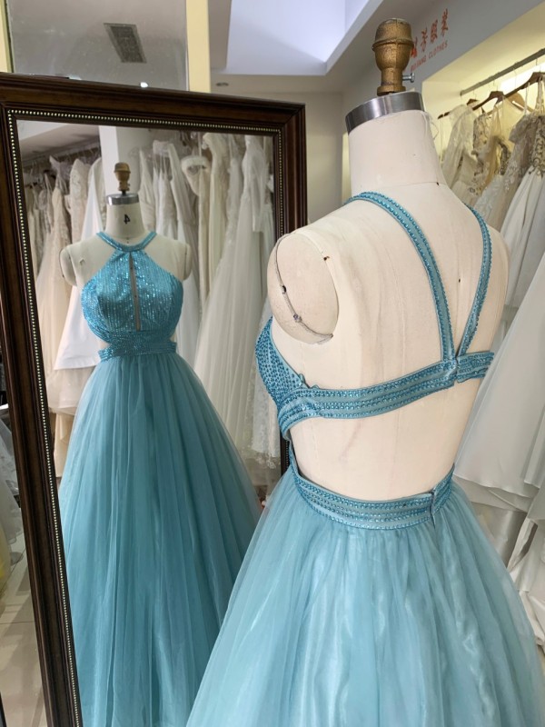 Fashionable Sleeveless A-line Sexy Lace-up Tulle Floor-Length Prom Dress Floor-Length Gowns