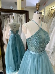 Modern High-End Green Halter Neck Sexy Backless Tulle Floor-Length Prom Dress with Beading Bodice