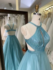 Fashionable Sleeveless A-line Sexy Lace-up Tulle Floor-Length Prom Dress Floor-Length Gowns