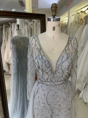 V Neckline Tulle a Line Women Dresses with Long Sleeve Beaded With Crystal Evening Gown for Women