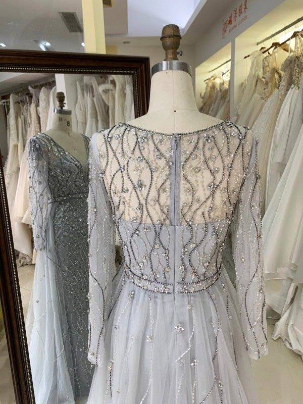 V Neckline Tulle a Line Women Dresses with Long Sleeve Beaded With Crystal Evening Gown for Women