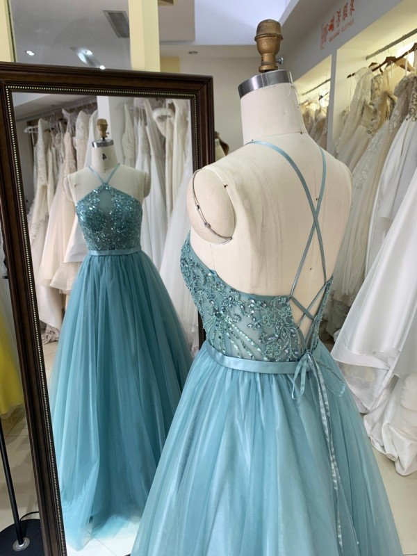 Modern High-End Green Halter Neck Sexy Backless Tulle Floor-Length Prom Dress with Beading Bodice