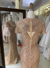 Luxury Gold Mermaid Evening Dress for Bride Elegant Cap Sleeves Beaded Formal Party Gowns with Sleeves
